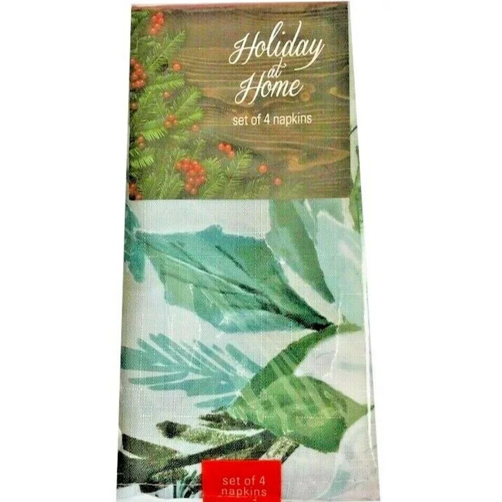 Christmas Fabric Napkins Poinsettia Flourish Easy Care Polyester 17x17 Set of 4